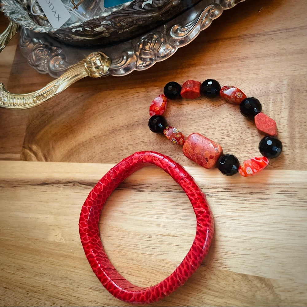 Red Genuine Snakeskin Lightweight Square Bracelet + Beaded Bracelet Set Lot of 2